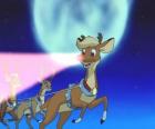 Santa atlı kızak büyülü Ren geyikleri önünde uçan Rudolph Reindeer